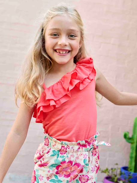T-shirt à volant asymétrique fille corail+écru+vert sauge 1 - vertbaudet enfant 