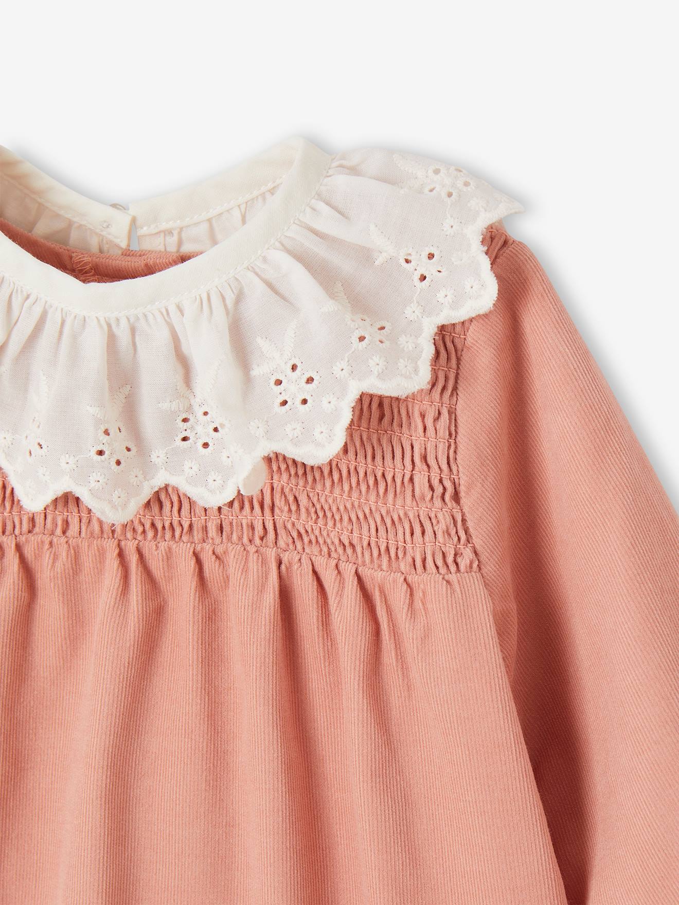 Robe Bébé Fille VERTBAUDET - Velours Côtelé 100% Coton, Broderie Anglaise, Manches Longues - Couleur Terracotta, Boutons Imitation Bois - 2