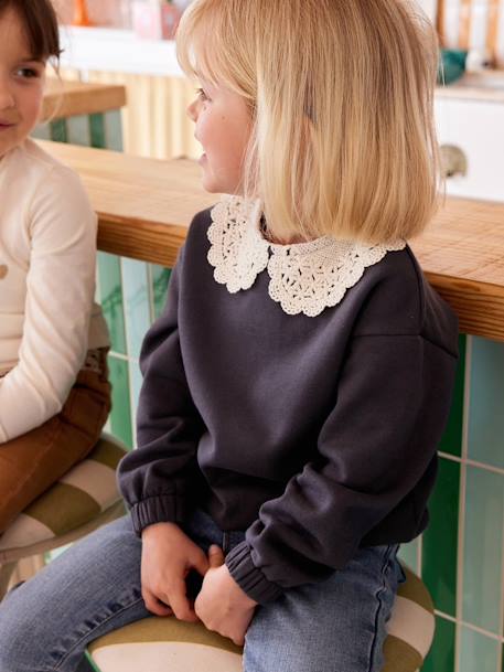 Sweat fille col fantaisie en macramé anthracite 1 - vertbaudet enfant 