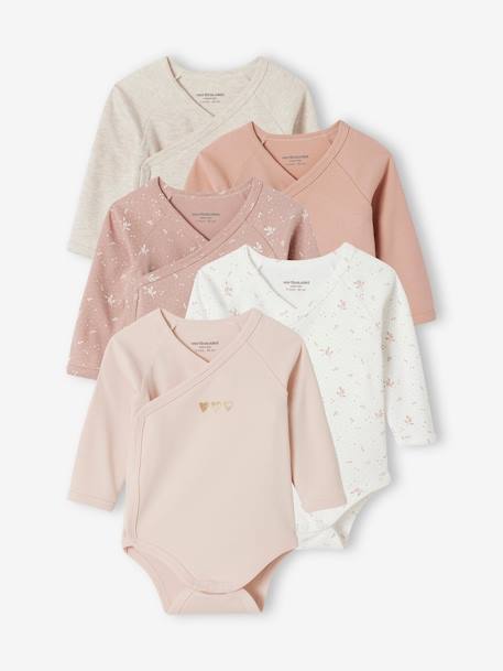 Lot 5 bodies 'coeur' manches longues ouverture naissance bébé en coton bio rose pâle 1 - vertbaudet enfant 