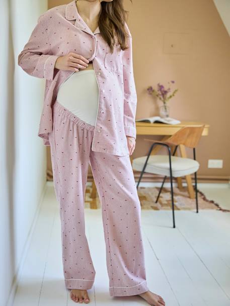 Ensemble 2 pièces pyjama de grossesse en flanelle rayée motifs coeurs rose nude 4 - vertbaudet enfant 