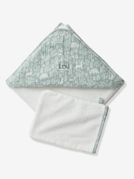 Cape de bain gaze de coton personnalisable + gant de toilette DANS LES BOIS vert sauge 8 - vertbaudet enfant 