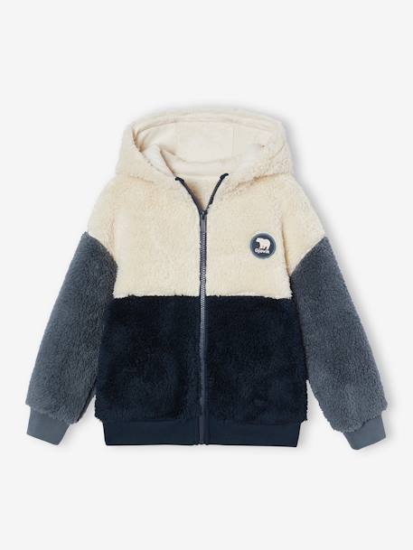 Sweat garçon zippé à capuche en sherpa coloblock bleu ardoise 2 - vertbaudet enfant 