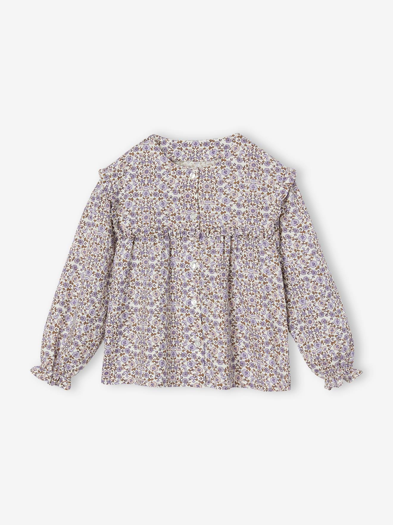 Blouse Fille Vertbaudet à Motifs Fleurs - Manches Longues élastiquées - Col Volanté - Tissu Viscose/coton Fluide - 5