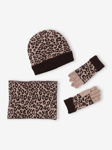 Ensemble fille léopard bonnet snood gants marron imprimé 1 - vertbaudet enfant 