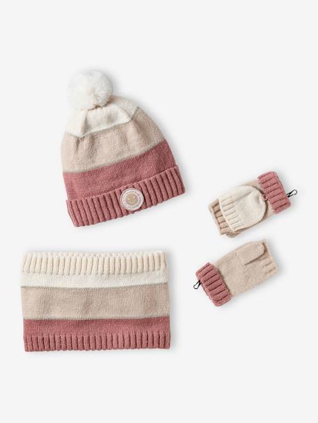 Ensemble bonnet snood moufles/mitaines colorblock fille rayé rose+vert d'eau 2 - vertbaudet enfant 