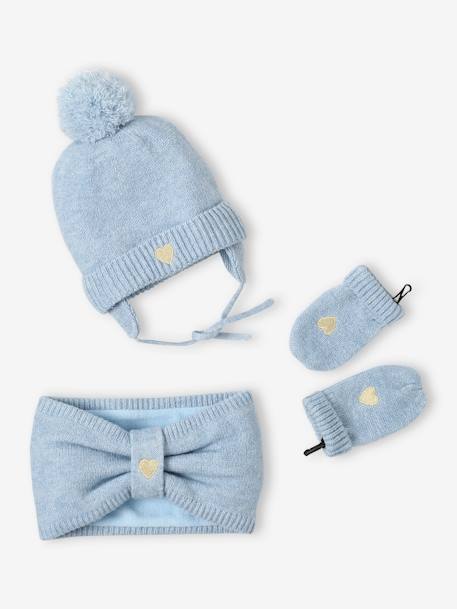 Ensemble bonnet + snood + moufles 'coeur' bébé fille bleu glacier 1 - vertbaudet enfant 