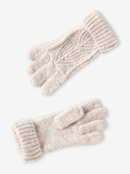 Ensemble fille bonnet, snood, gants en maille fantaisie écru+gris chiné+ROSE 4 - vertbaudet enfant 