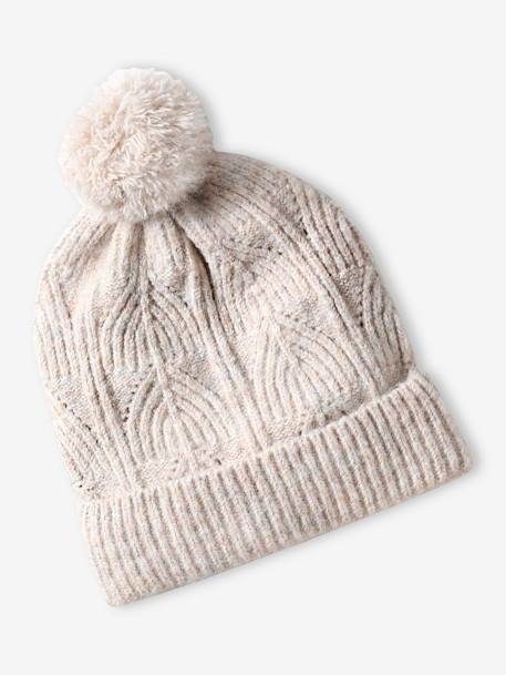 Ensemble fille bonnet, snood, gants en maille fantaisie écru+gris chiné+ROSE 2 - vertbaudet enfant 