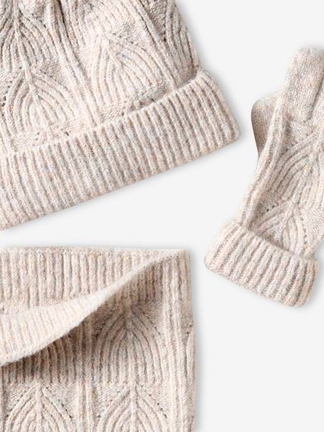 Ensemble fille bonnet, snood, gants en maille fantaisie écru+gris chiné+ROSE 7 - vertbaudet enfant 