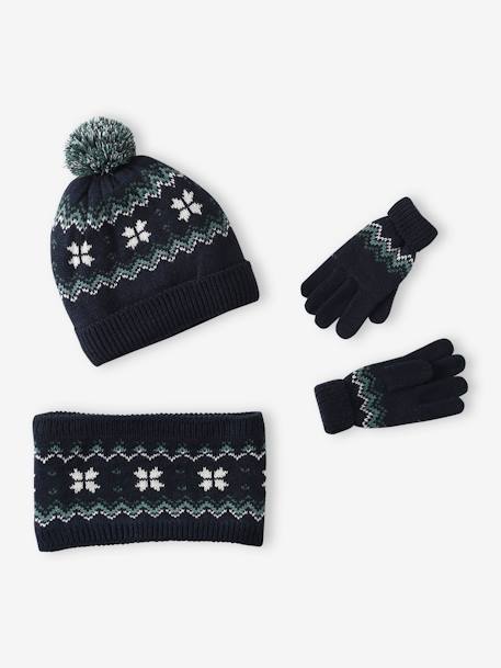 Coffret Noël Flocon garçon bonnet + snood + gants/mitaines marine 10 - vertbaudet enfant 
