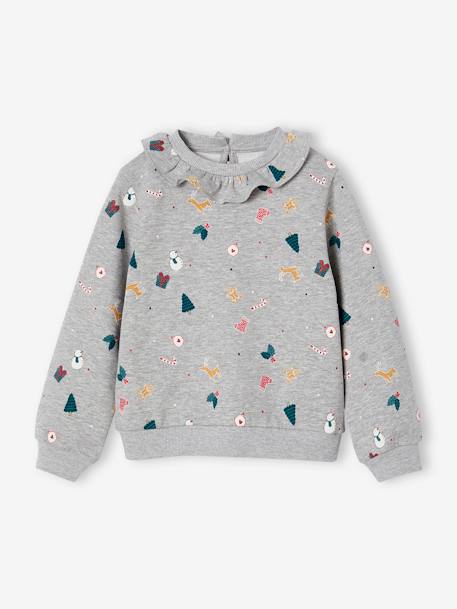 Sweat Noël à colerette imprimé fille gris chiné 1 - vertbaudet enfant 