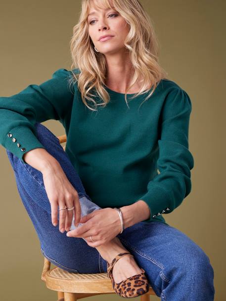 Pull maille fine détails boutons dorés noir+vert sapin 8 - vertbaudet enfant 