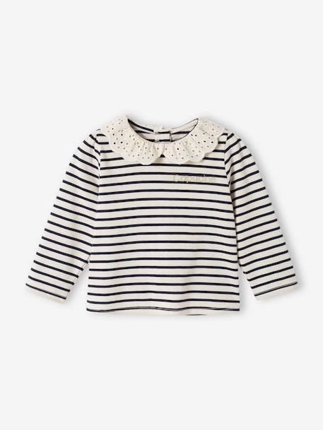 T-shirt bébé col brodé manches longues beige clair+rayé marine+rayé rouge 14 - vertbaudet enfant 