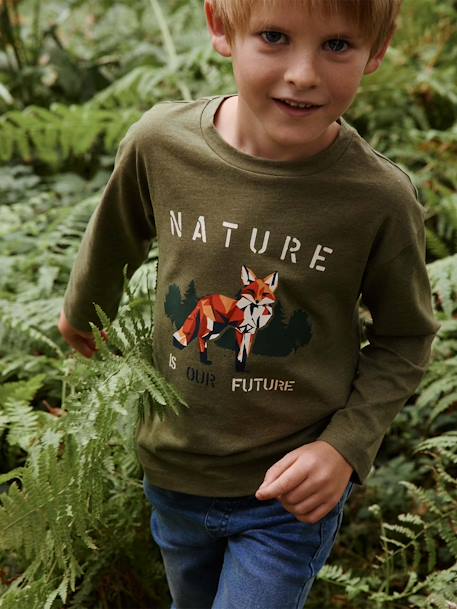 Tee-shirt motif renard garçon manches longues vert chiné 1 - vertbaudet enfant 