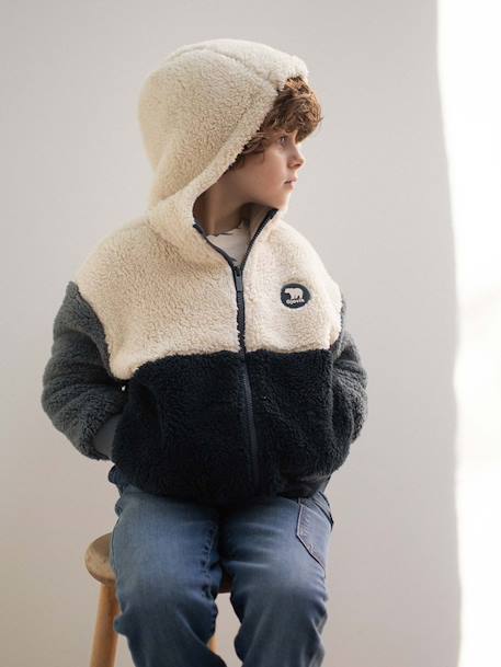 Sweat garçon zippé à capuche en sherpa coloblock bleu ardoise 1 - vertbaudet enfant 