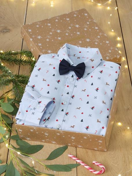 Coffret cadeau chemise noël et son noeud pap' garçon bleu chambray 1 - vertbaudet enfant 