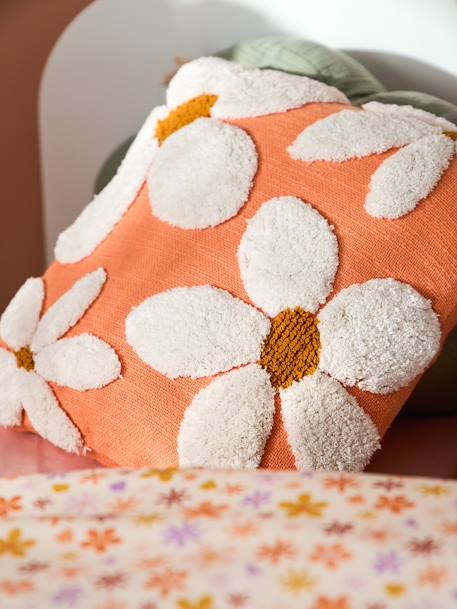 Coussin carré fleurs à pompons mandarine 1 - vertbaudet enfant 