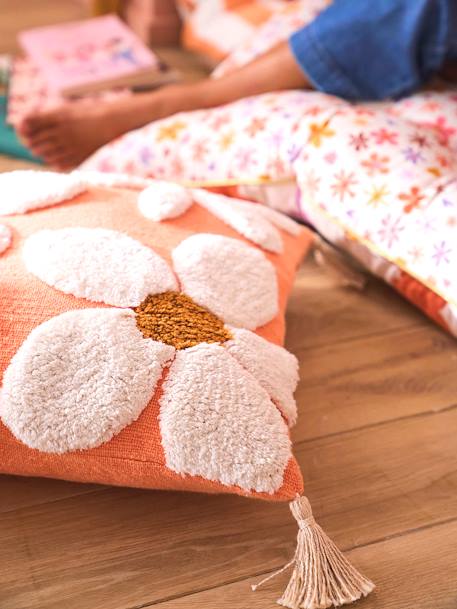 Coussin carré fleurs à pompons mandarine 2 - vertbaudet enfant 