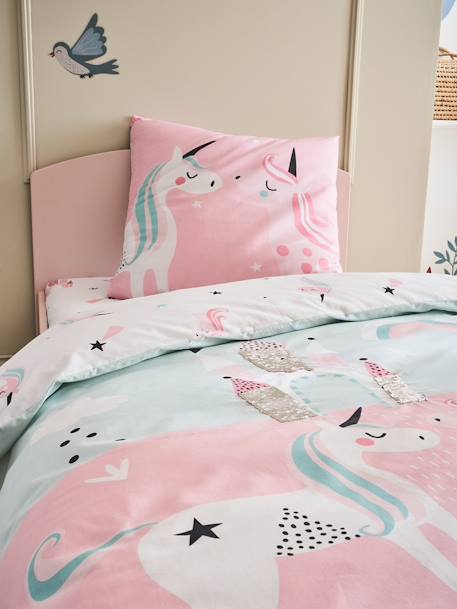Parure housse de couette enfant et taie d'oreiller LICORNES MAGIQUES bleu clair 2 - vertbaudet enfant 