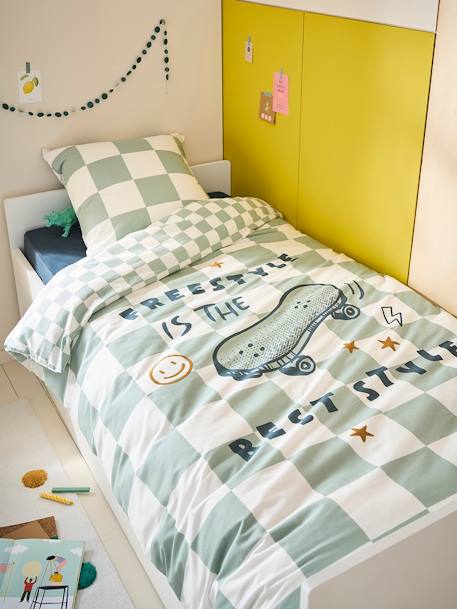 Parure housse de couette et taie d'oreiller carreaux vert 1 - vertbaudet enfant 