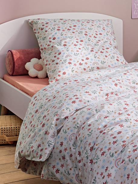 Parure housse de couette et taie d'oreiller RAINBOW FLOWERS blanc imprimé 1 - vertbaudet enfant 