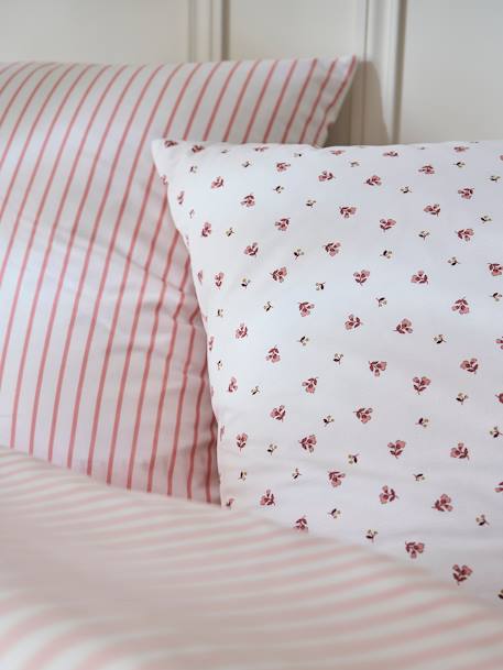 Parure housse de couette et taie d'oreiller réversible FLEURS RAYURES, avec coton recyclé rose imprimé 2 - vertbaudet enfant 