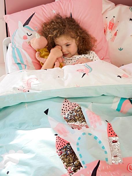 Parure housse de couette enfant et taie d'oreiller LICORNES MAGIQUES bleu clair 1 - vertbaudet enfant 