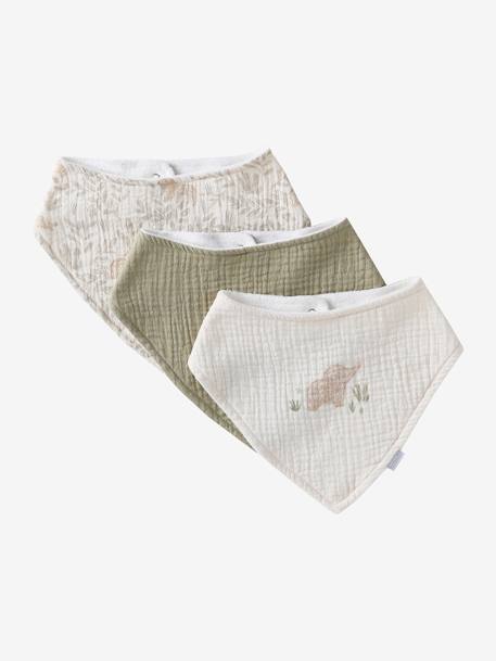 Lot 3 bavoirs bandanas en gaze de coton Babylone+Bord de mer+Broceliande+Dans les bois+Hanoi+Hérisson+Hygge+lot renard+Mon coeur+Tanzanie 1 - vertbaudet enfant 
