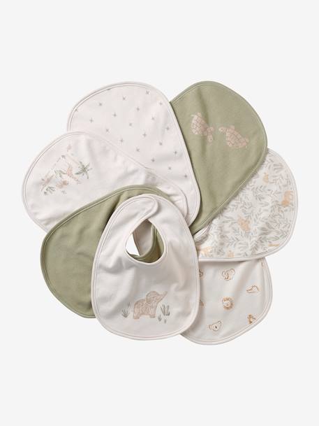 Lot 7 bavoirs naissance en coton bio* Babylone+ficelle+Hérisson+rose pâle+Tanzanie+vert d'eau 1 - vertbaudet enfant 