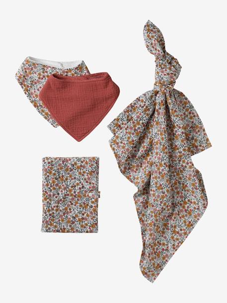 Coffret cadeau naissance 4 pièces : 2 bavoirs + 1 lange + 1 protège-carnet lot rose+multicolore 3 - vertbaudet enfant 