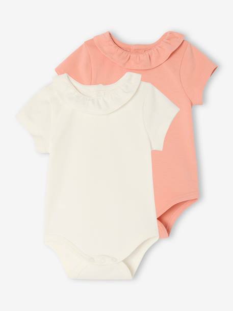 Lot de 2 bodies bébé naissance col fantaisie manches courtes corail+vert sauge 1 - vertbaudet enfant 
