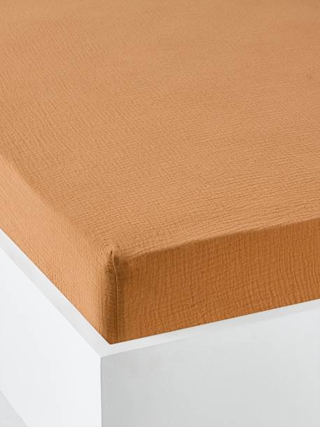 Drap housse bébé uni en gaze de coton Bio* ocre+vanille+vert sauge 1 - vertbaudet enfant 
