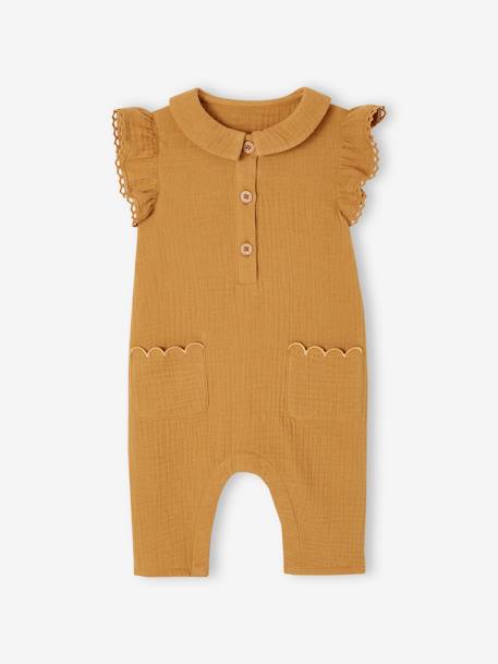 Combinaison bébé fille en gaze de coton manches courtes à volants caramel+vert sauge 1 - vertbaudet enfant 