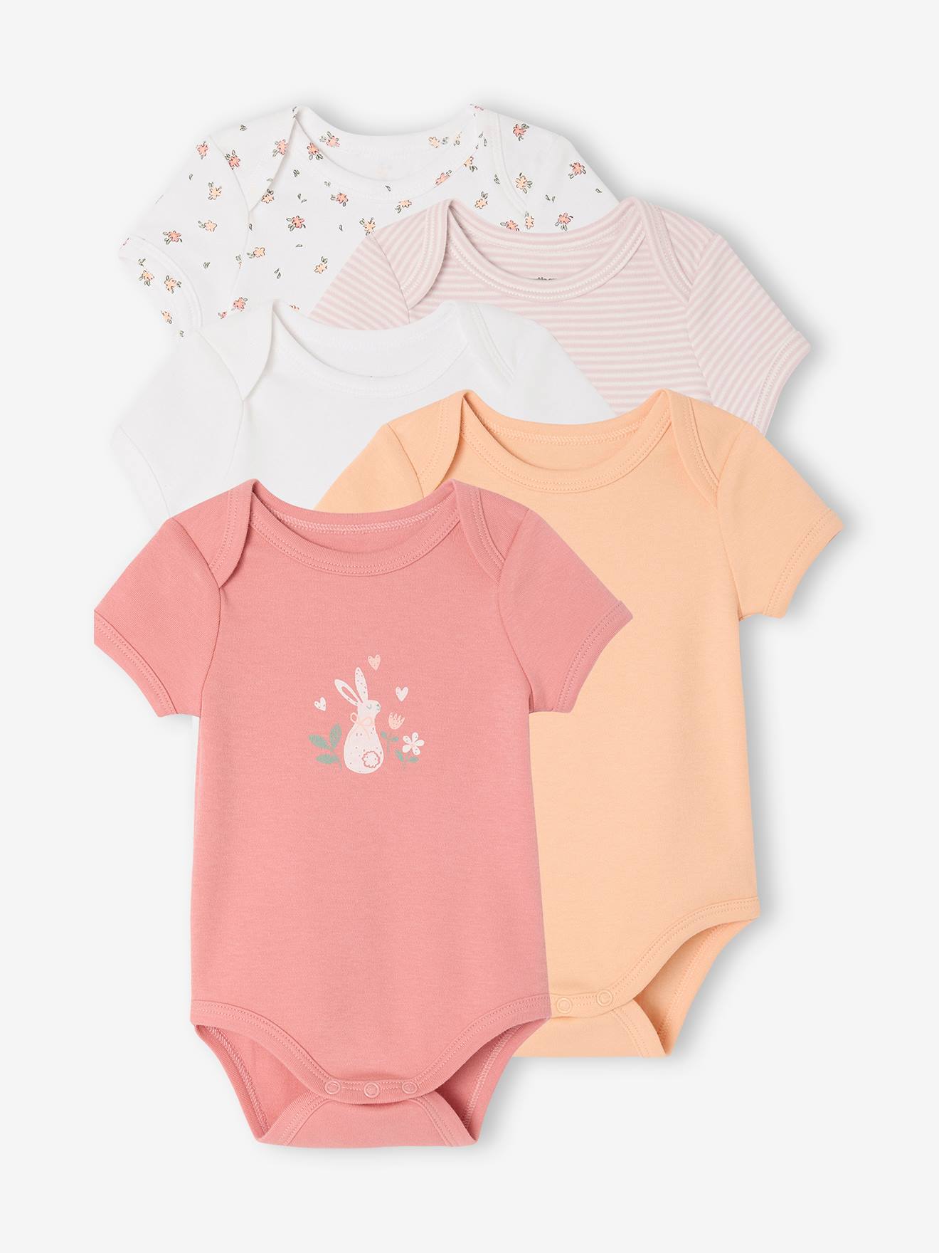Lot De 5 Bodies Manches Courtes Pour Bébé 1 Mois - 100% Coton Blanc, Boutons-pression, étiquettes Imprimées Douces
