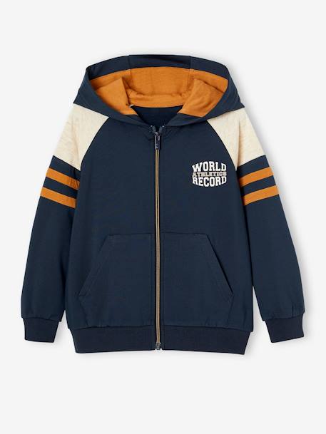 Sweat garçon zippé à capuche sport manches raglan marine+noix de pécan+vert 4 - vertbaudet enfant 