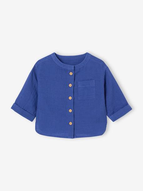 Chemise bébé col mao en gaze de coton personnalisable bleu électrique+écru+vert foncé 1 - vertbaudet enfant 