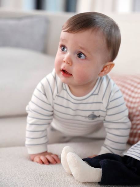 Ensemble bébé sweat et pantalon BEIGE CLAIR RAYE+rose pâle 1 - vertbaudet enfant 