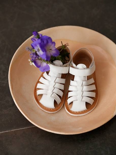 Sandales scratchées cuir bébé bout fermé blanc+lot rose 1 - vertbaudet enfant 