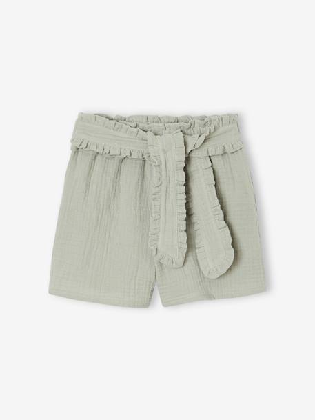 Short en gaze de coton avec ceinture fantaisie fille vert sauge 1 - vertbaudet enfant 