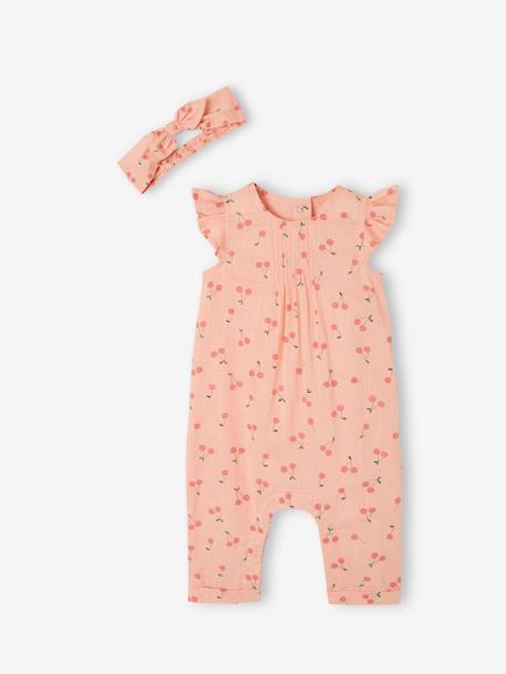 Ensemble bébé fille combinaison + bandeau imprimés rose imprimé+rose pâle+rose poudré+vert céladon imprimé 12 - vertbaudet enfant 