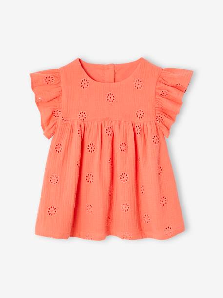 Blouse en gaze de coton brodée fille blanc+corail 5 - vertbaudet enfant 