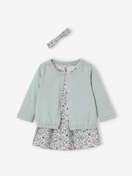 Ensemble bébé fille 3 pièces robe cardigan bandeau bleu grisé+corail+vieux rose 8 - vertbaudet enfant 