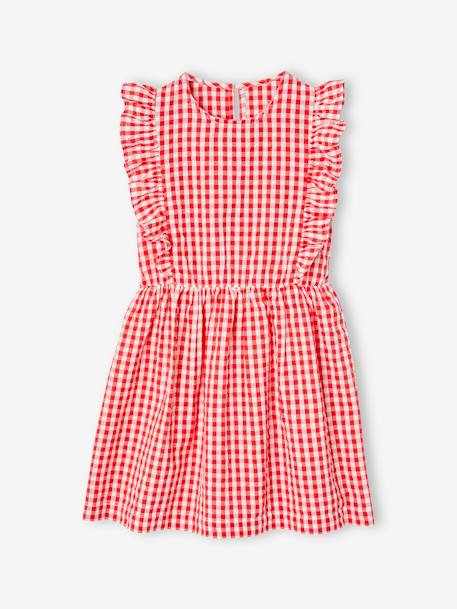 Robe fille en seersucker manches volantées blanc imprimé+carreaux rouge+vanille+vert sauge 5 - vertbaudet enfant 