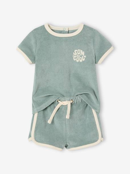 Ensemble bébé tee-shirt + short en éponge bleu grisé+rayé bleu+taupe 1 - vertbaudet enfant 