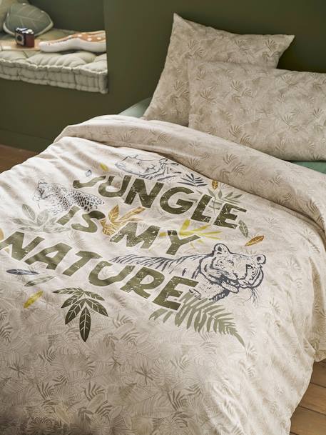 Parure housse de couette + taie oreiller enfant GREEN JUNGLE, avec coton recyclé vert imprimé 1 - vertbaudet enfant 