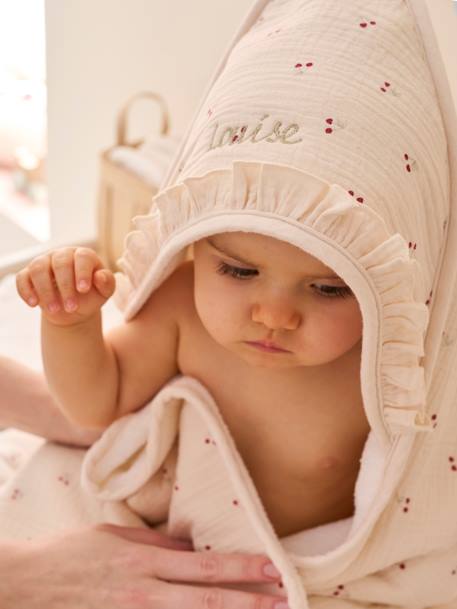 Bébé-Cape de bain gaze de coton personnalisable + gant de toilette CHERRY