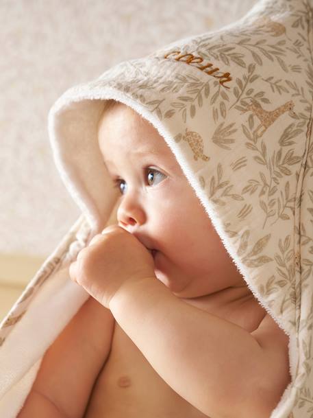 Cape de bain gaze de coton personnalisable + gant de toilette BABYLON beige imprimé 2 - vertbaudet enfant 