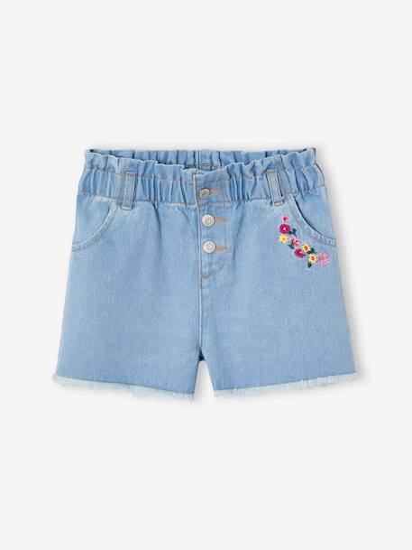 Short en jean brodé fleurs oversize fille bleu clair 2 - vertbaudet enfant 