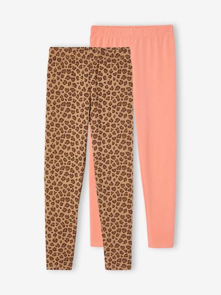 Lot de 2 leggings fille Basics beige+indigo+kaki+marron imprimé+vert sauge 1 - vertbaudet enfant 